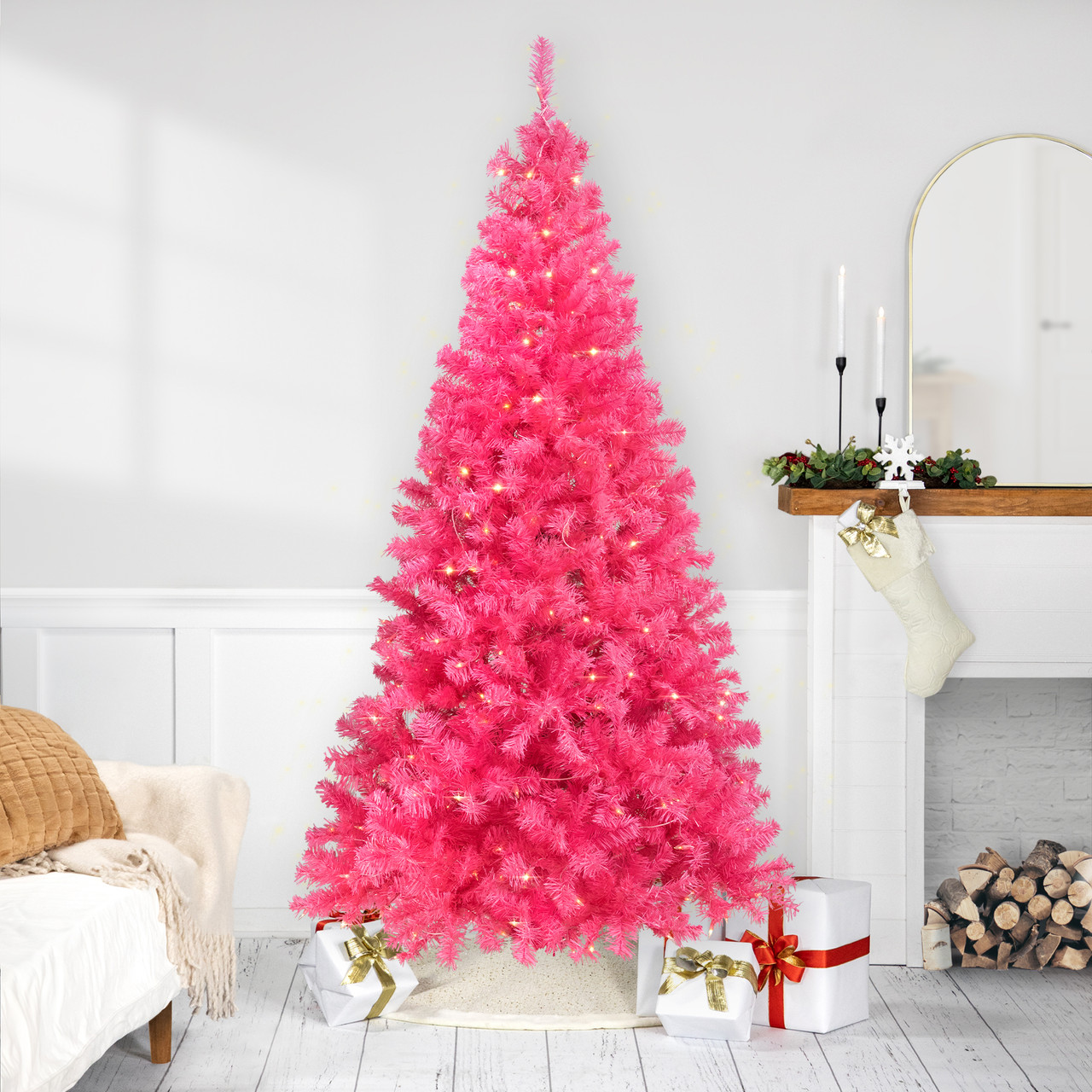 Bold Hot Pink Christmas Tree in a Modern Setting — Pink Christmas Decor