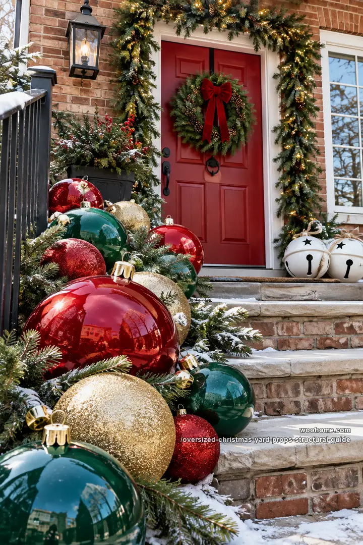 Oversized Outdoor Christmas Ornaments on Porch Steps — Whimsical Christmas Decor
