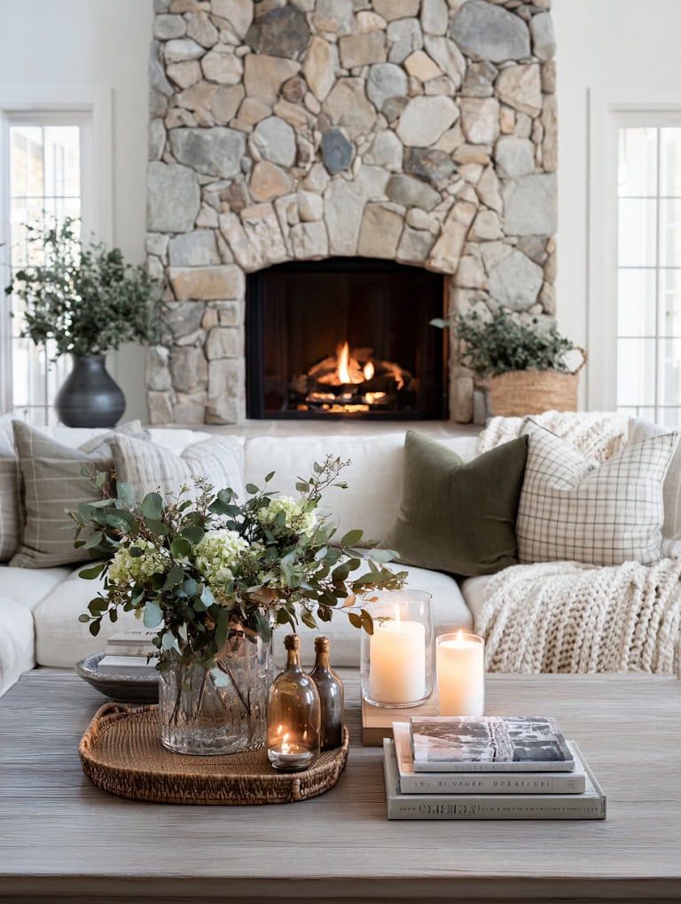 Modern Farmhouse Living Room Fireplace and Floral Arrangement Modern Farmhouse Living Room Fireplace and Floral Arrangement — Winter Decor After Christmas