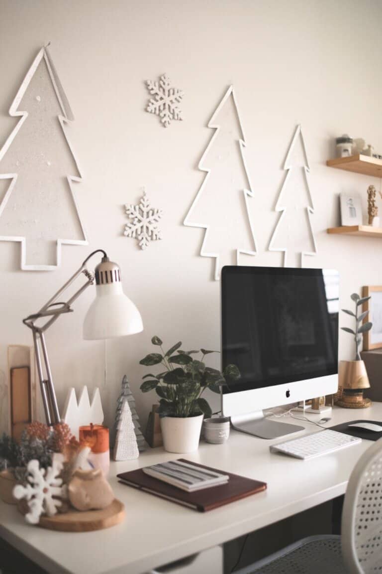 Minimalist White Christmas Tree Cutouts on Wall — Christmas Office Decor Ideas