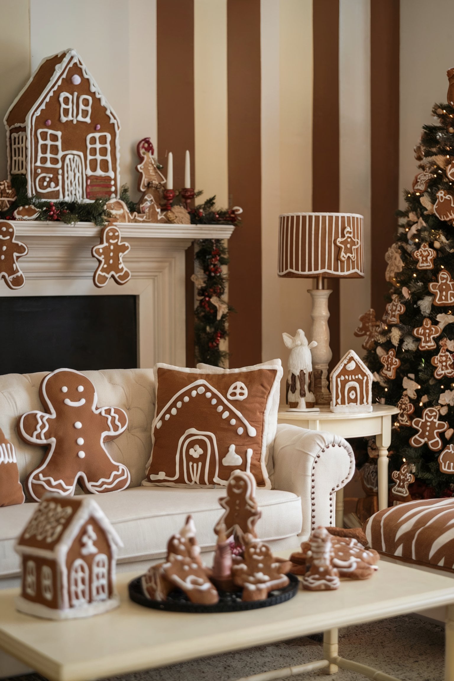 Whimsical Living Room with Gingerbread Pillows and Village — Gingerbread Christmas Decor