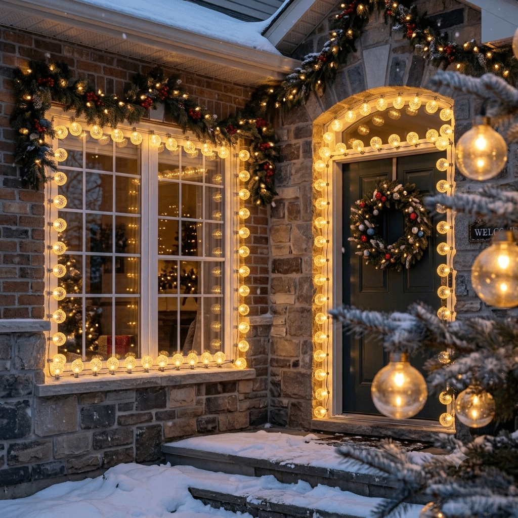 Dramatic Window and Doorway Framed with Abundant Globe Lights Dramatic Window and Doorway Framed with Abundant Globe Lights — Christmas Window Decor Outdoor