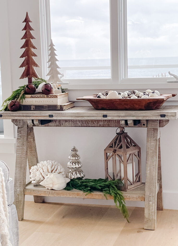 Rustic Console Table with Wooden Trees and Bells — Simple Christmas Decor