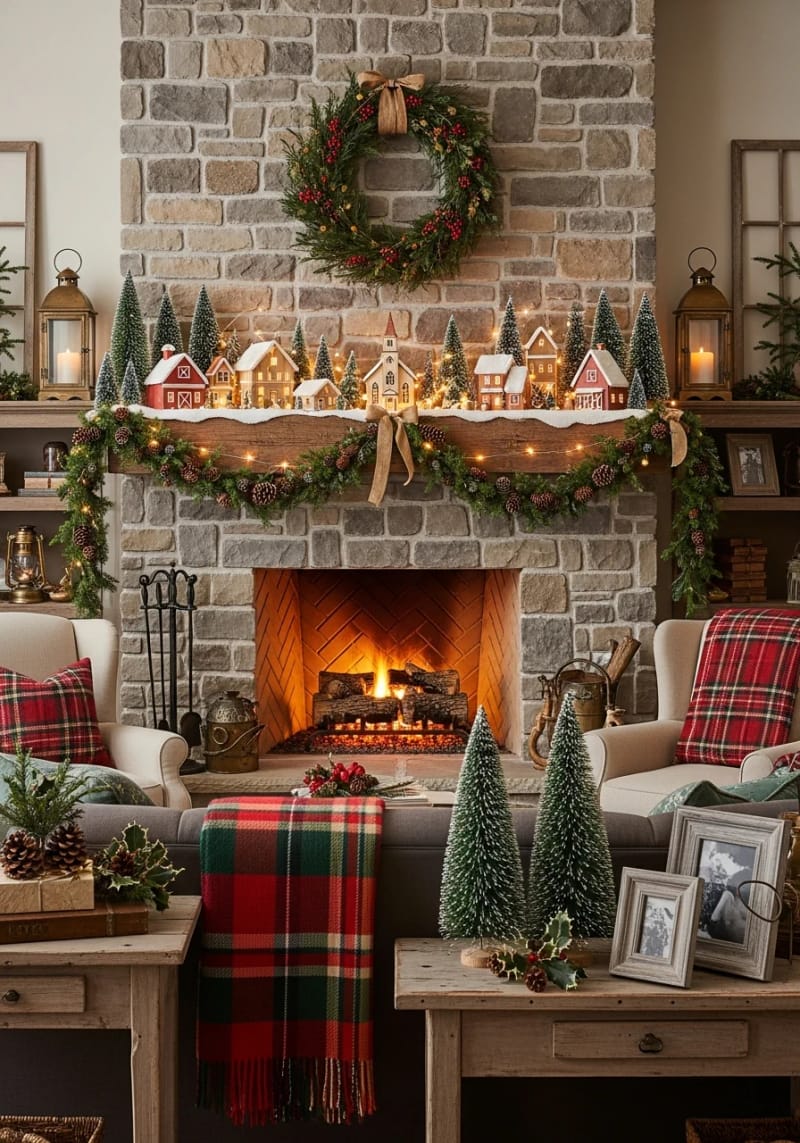 Traditional Fireplace with Miniature Village and Plaid Throws Traditional Fireplace with Miniature Village and Plaid Throws — Christmas Fireplace Decor