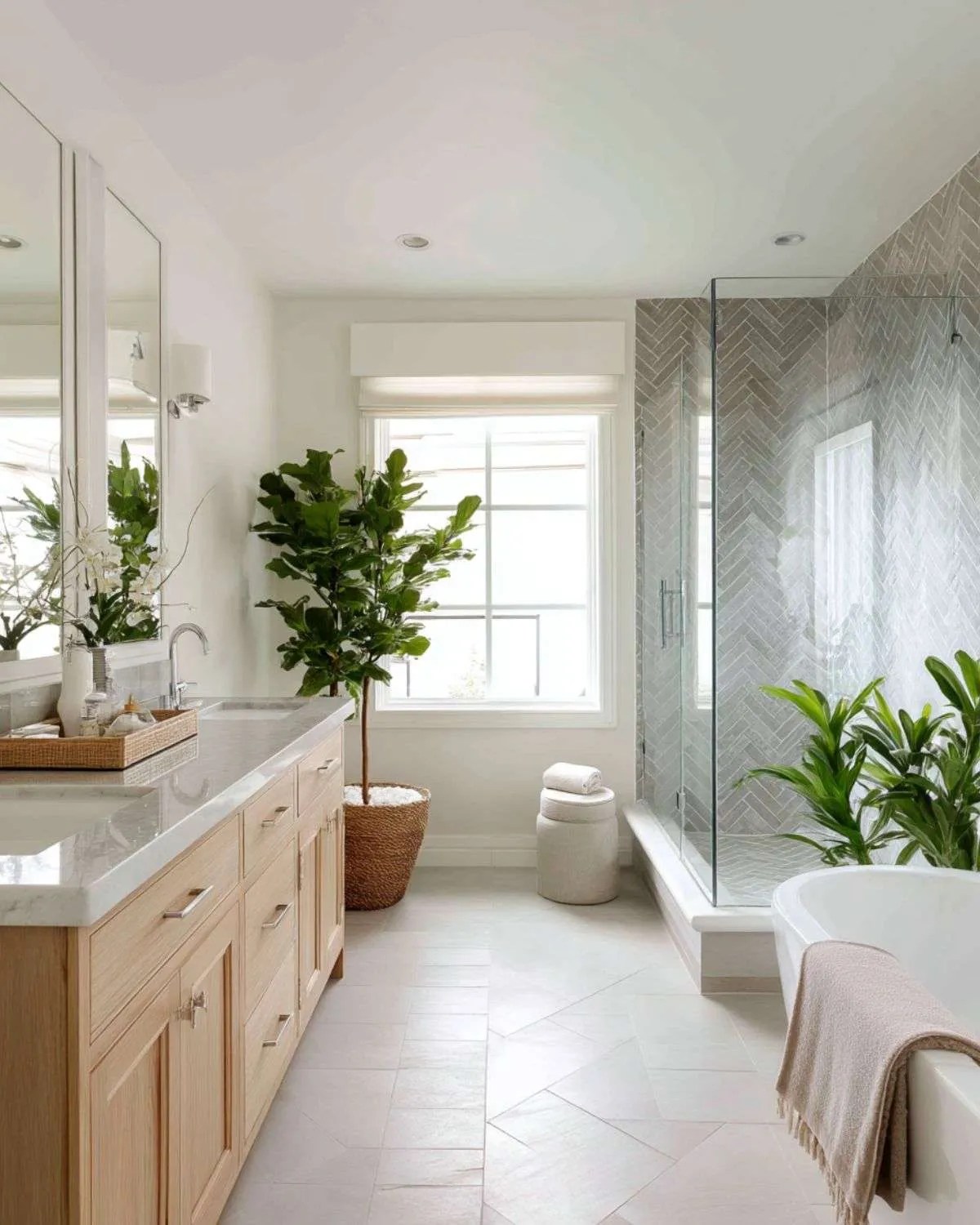 Modern Organic Shower with Subtle Herringbone Tiles and Greenery — Shower Room Ideas