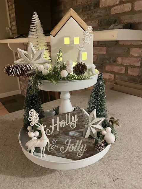 Tiered Tray with Illuminated House and 'Holly & Jolly' Signs Tiered Tray with Illuminated House and 'Holly & Jolly' Signs — Christmas Tiered Tray
