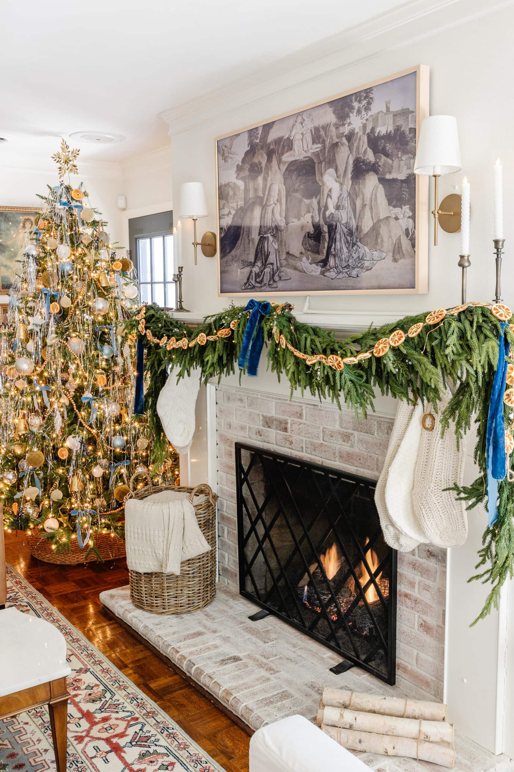 Traditional Brick Fireplace with Blue Velvet Ribbons Traditional Brick Fireplace with Blue Velvet Ribbons — Christmas Mantel Decor