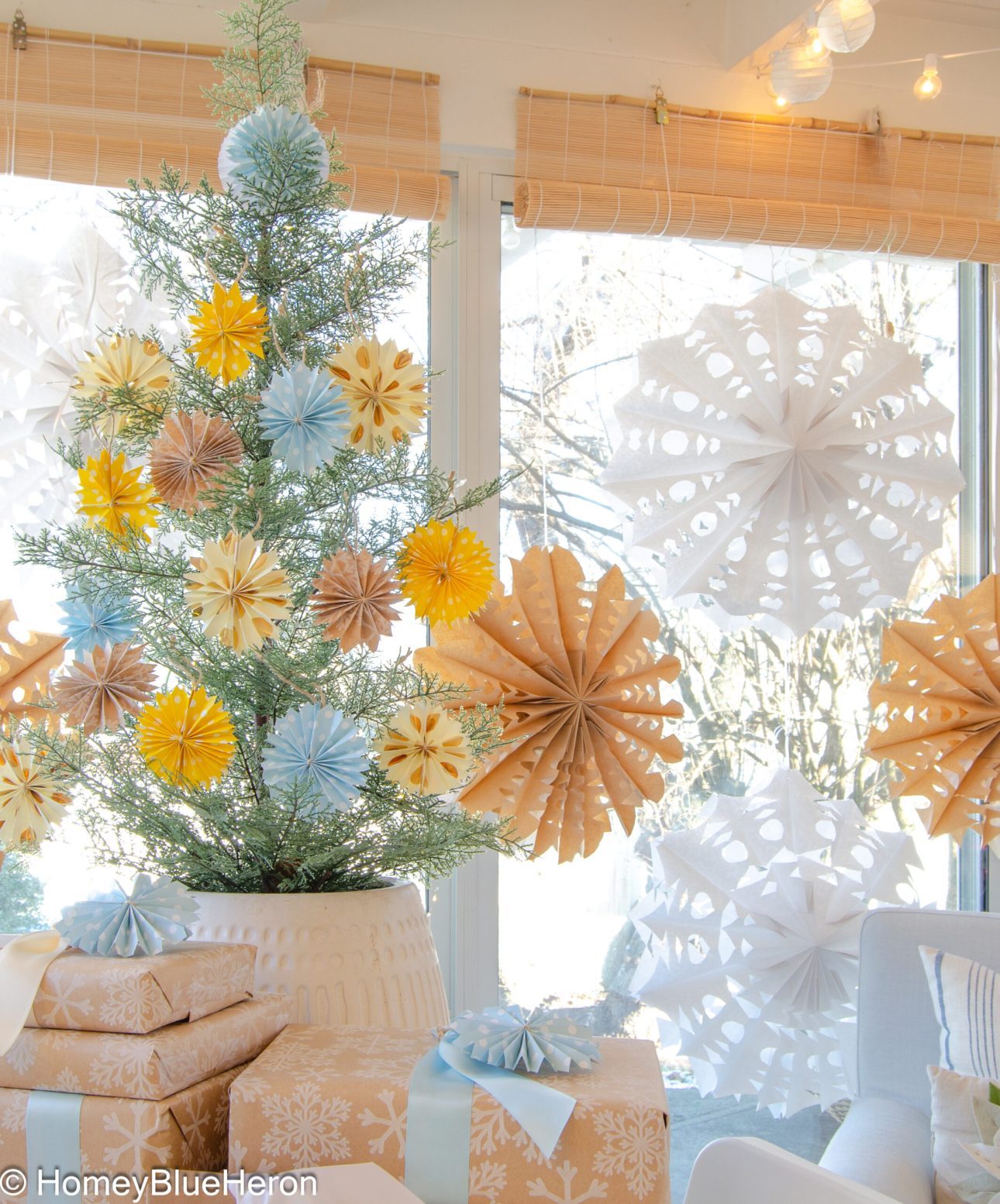 Paper Snowflakes Adorning an Evergreen Tree and Room