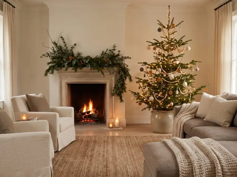 Minimalist Natural Living Room with Eucalyptus and Dried Oranges Minimalist Natural Living Room with Eucalyptus and Dried Oranges — christmas decor trends 2026