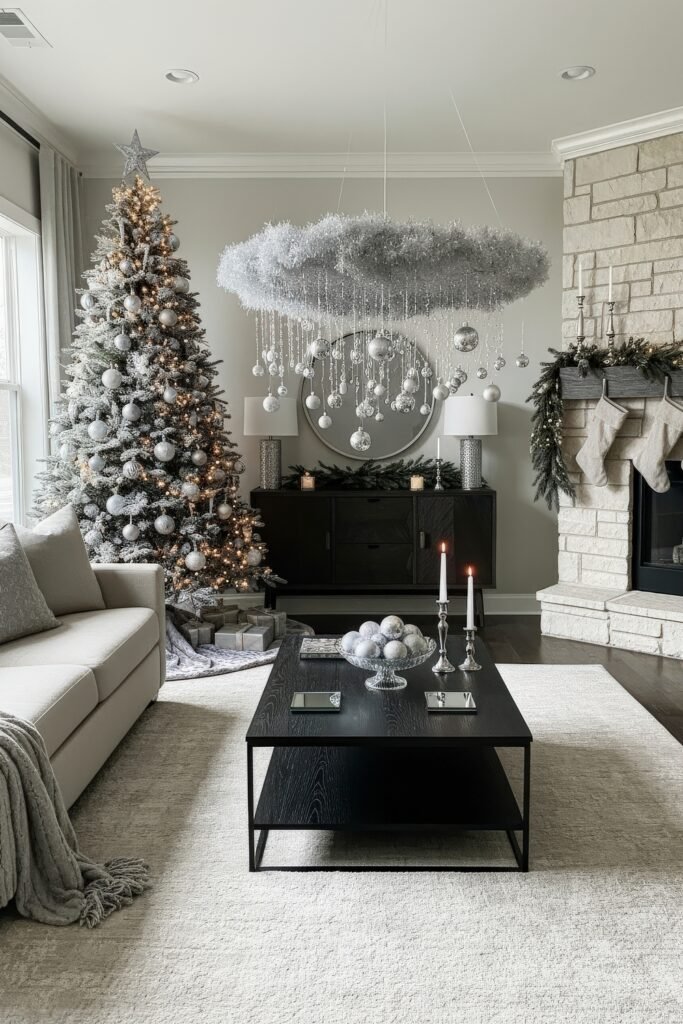 Elegant Modern Living Room with Flocked Tree and Cloud-Like Chandelier — Modern Christmas Decor