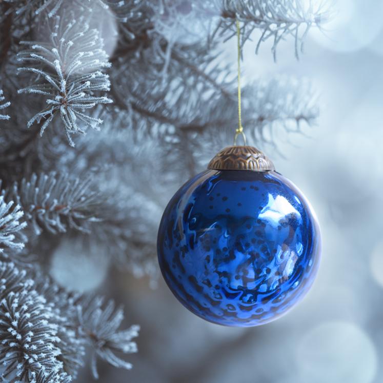 Antique Blue Mercury Glass Ornament Close-Up Antique Blue Mercury Glass Ornament Close-Up — Blue Christmas Decor