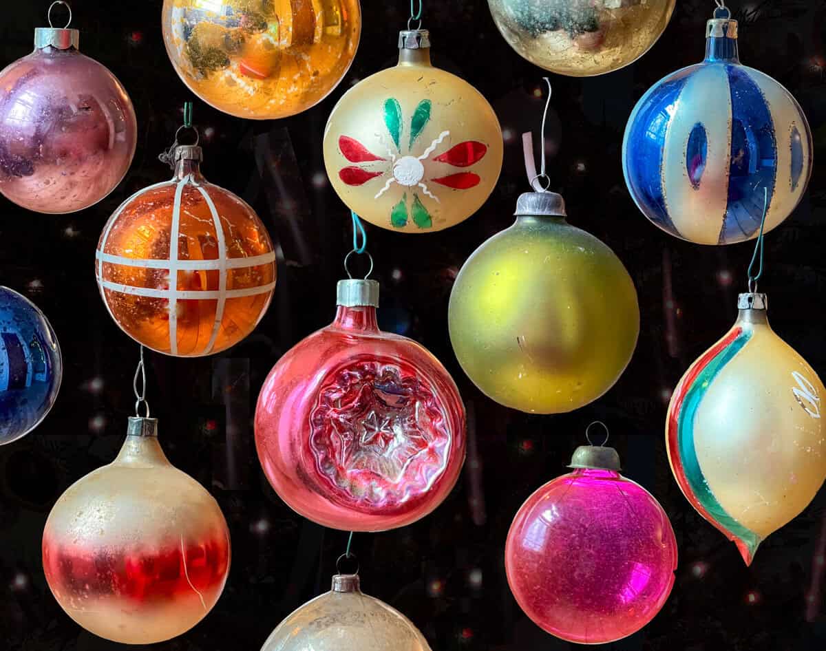Grid Display of Vintage Glass Ornaments with Faded Finishes — Vintage Christmas Ornaments