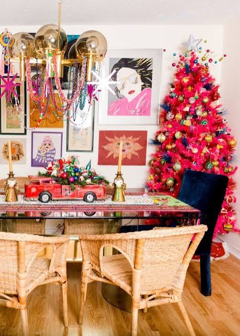 Eclectic Boho Dining Room with Pink Christmas Tree — Boho Christmas Decor