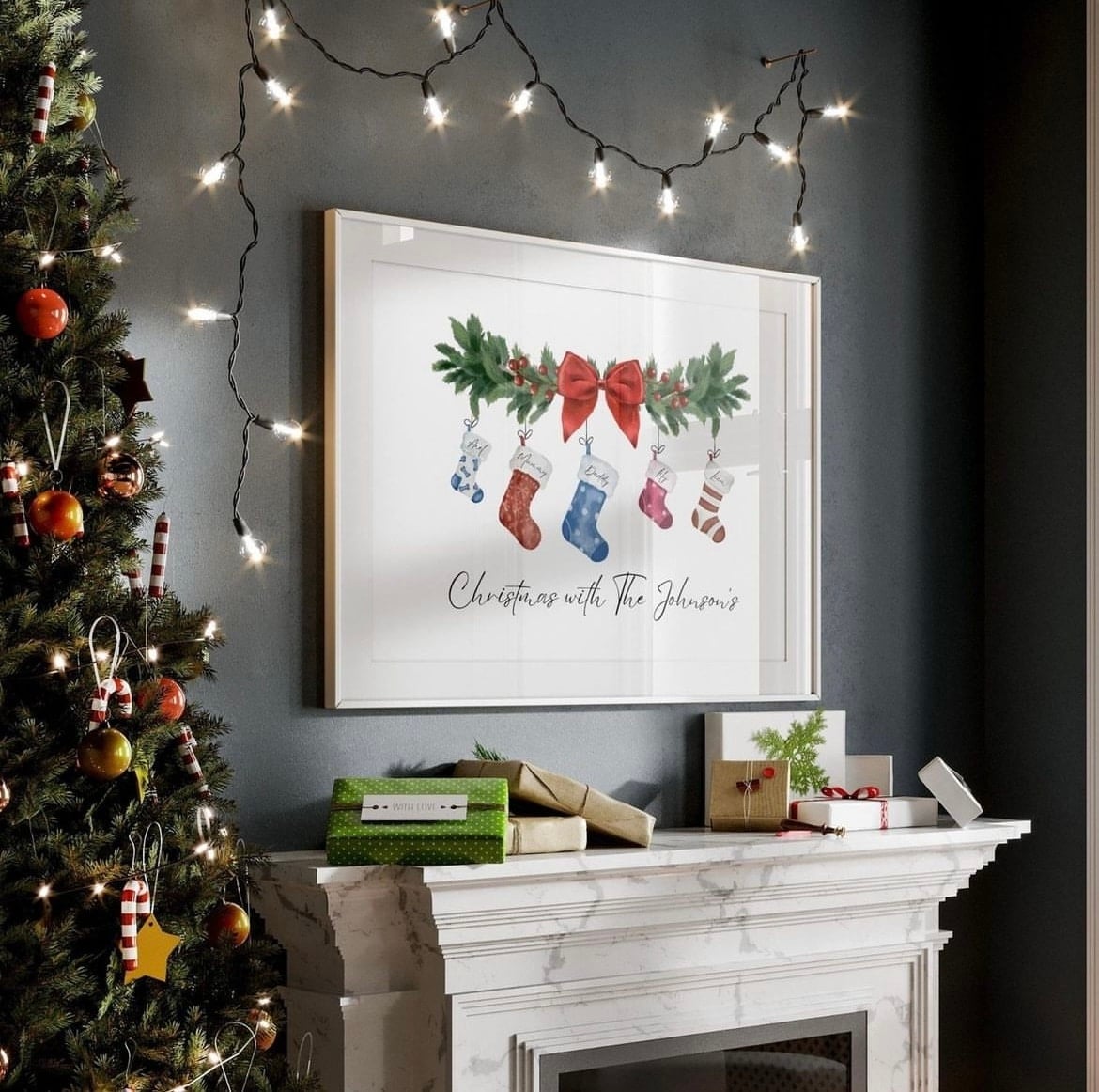 Framed Christmas Stocking Art Above Fireplace Framed Christmas Stocking Art Above Fireplace — Christmas Wall Decor