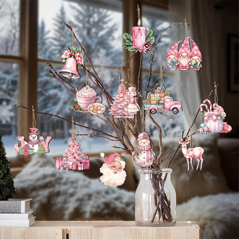 Whimsical Pink Christmas Ornaments on Branches — Pink Christmas Decor