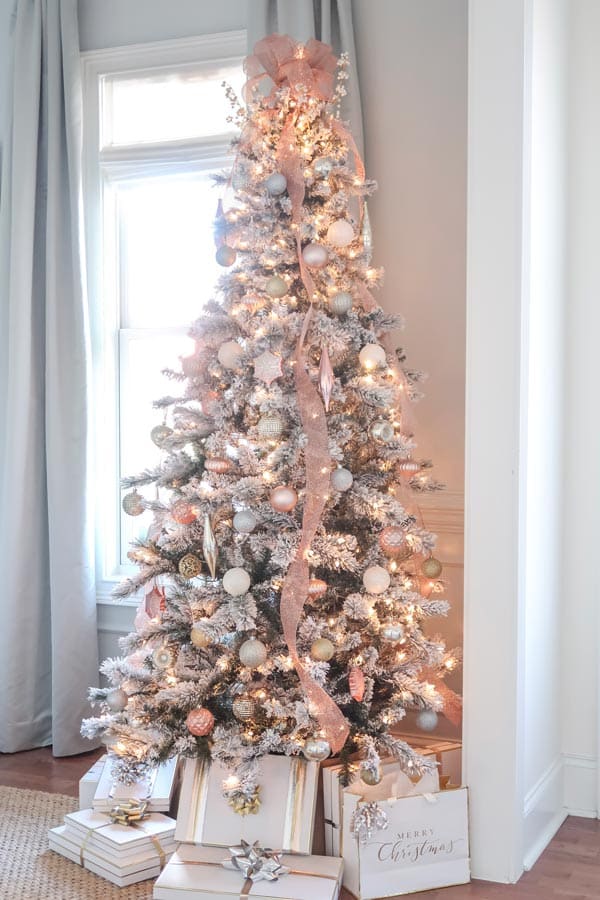 Elegant Flocked Tree with Rose Gold and Silver Ornaments — Elegant Christmas Tree