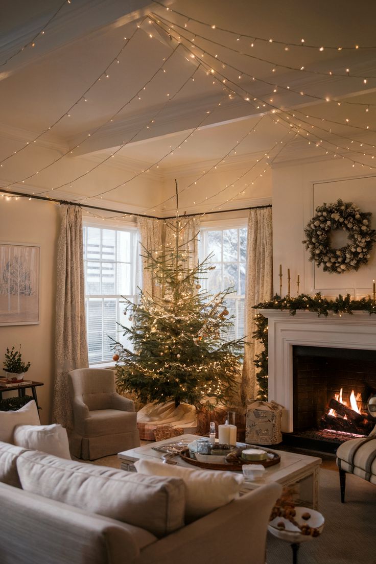 Cozy Living Room with Fireplace and Ceiling String Lights Cozy Living Room with Fireplace and Ceiling String Lights — Christmas Apartment Decor