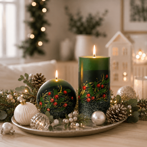 Elegant Christmas Candles with Holly and Berries on a Silver Tray — Christmas Candle Decor