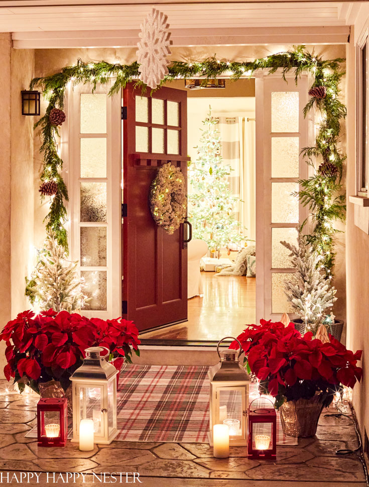 Festive Farmhouse Entryway with Poinsettias and Garland — Farmhouse Christmas Decor