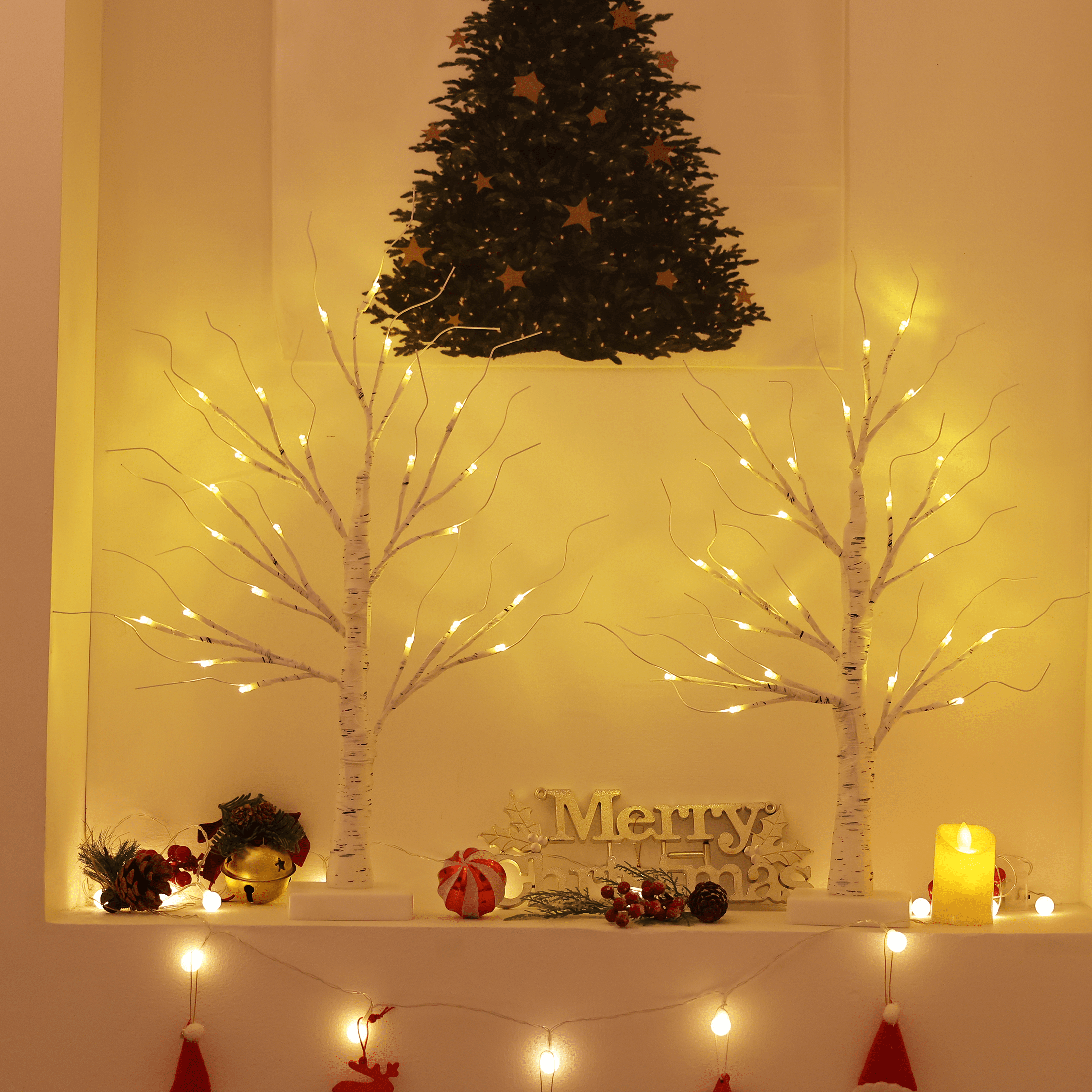 Illuminated White Birch Trees for Shelf Decor — Christmas Lights Indoor