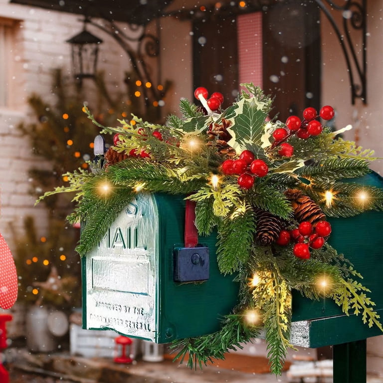 Green Mailbox with Lit Christmas Swag of Pine, Holly, and Berries — Christmas Mailbox Decor