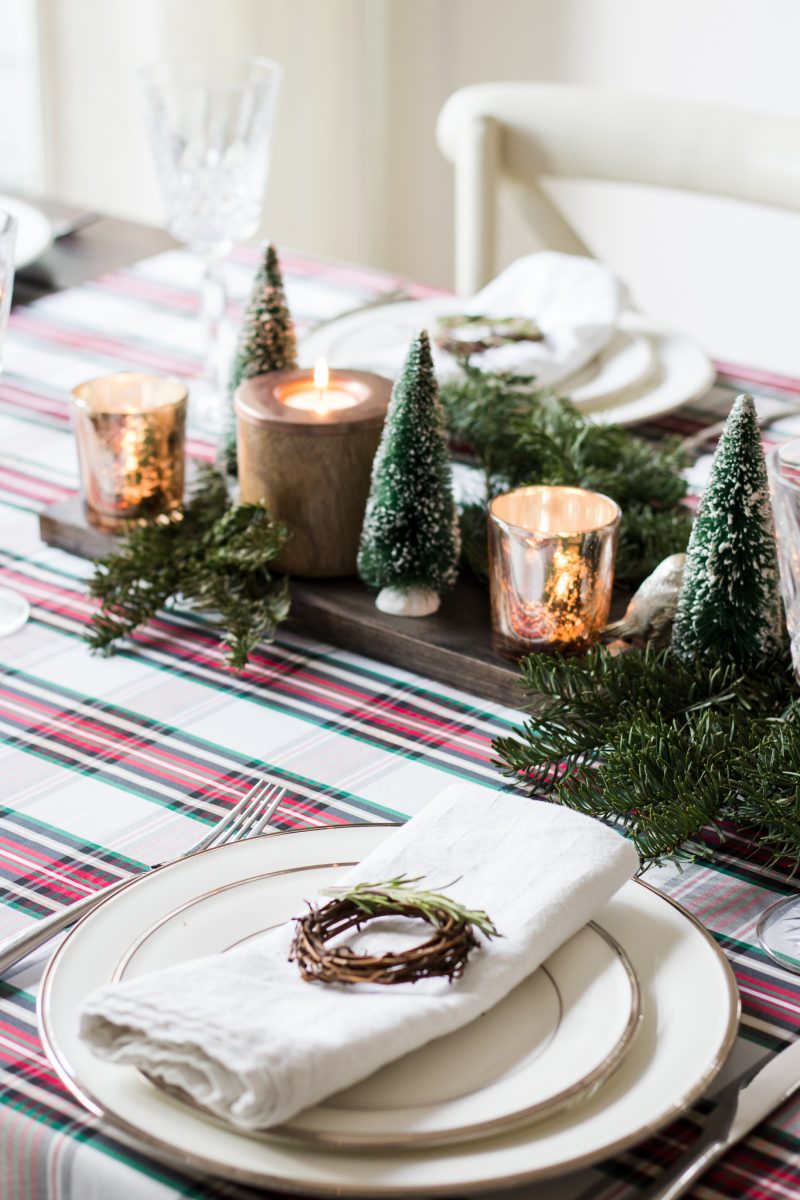 Traditional Christmas Table Setting with Plaid Runner and Miniature Trees — Traditional Christmas Decor