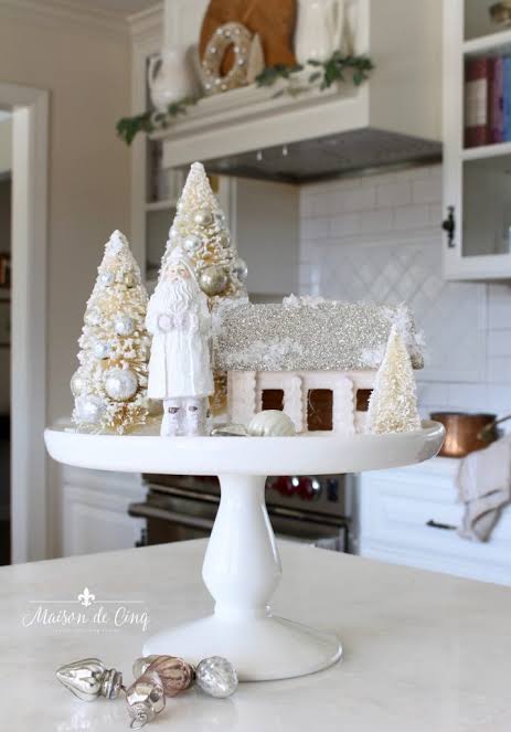 French Country Kitchen Counter Display with Santa Figure and Glitter Trees — Christmas Kitchen Decor