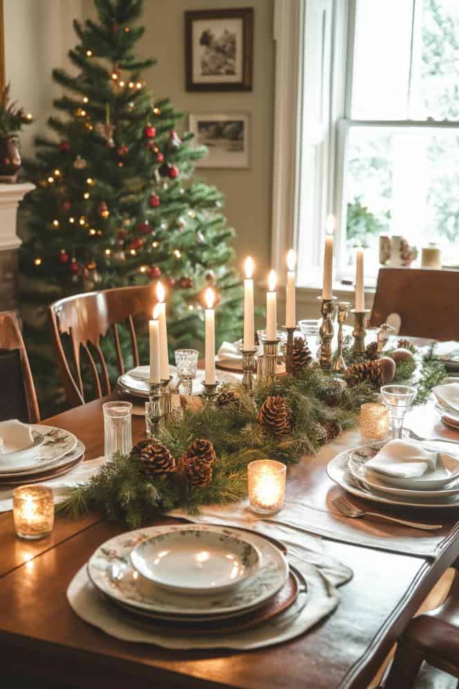 Dining Room Christmas Table with Pine Garland and Candlesticks — Christmas Candle Decor