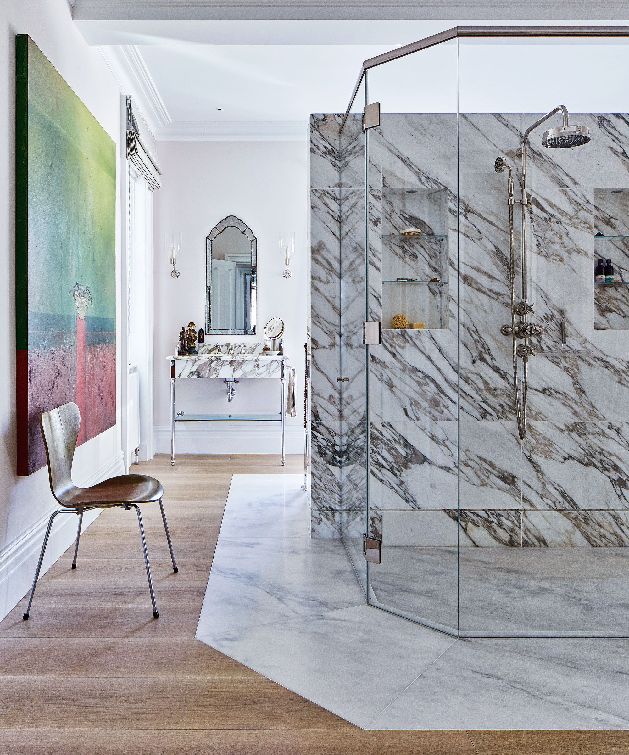 Luxury Bathroom with Expansive Marble Shower Walls — Shower Room Ideas