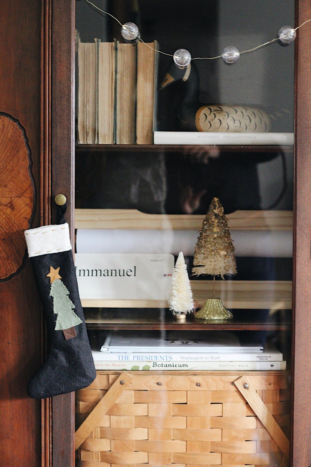 Felt Stocking with Applique on Cabinet — Christmas Stockings Display