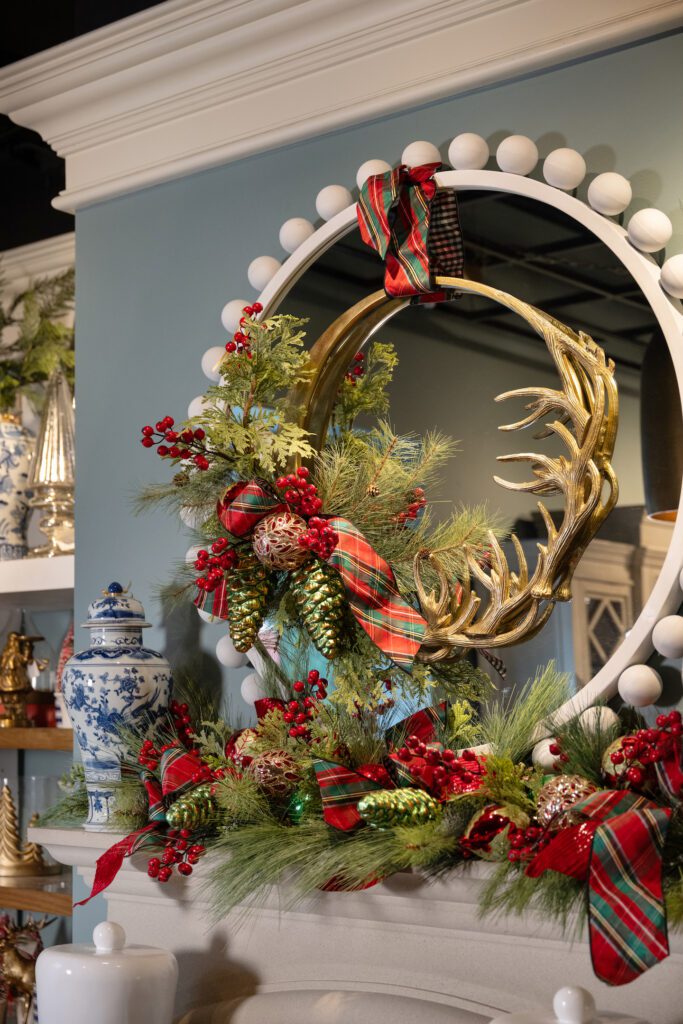 Elegant Mantelpiece with Antler Wreath — Whimsical Christmas Decor