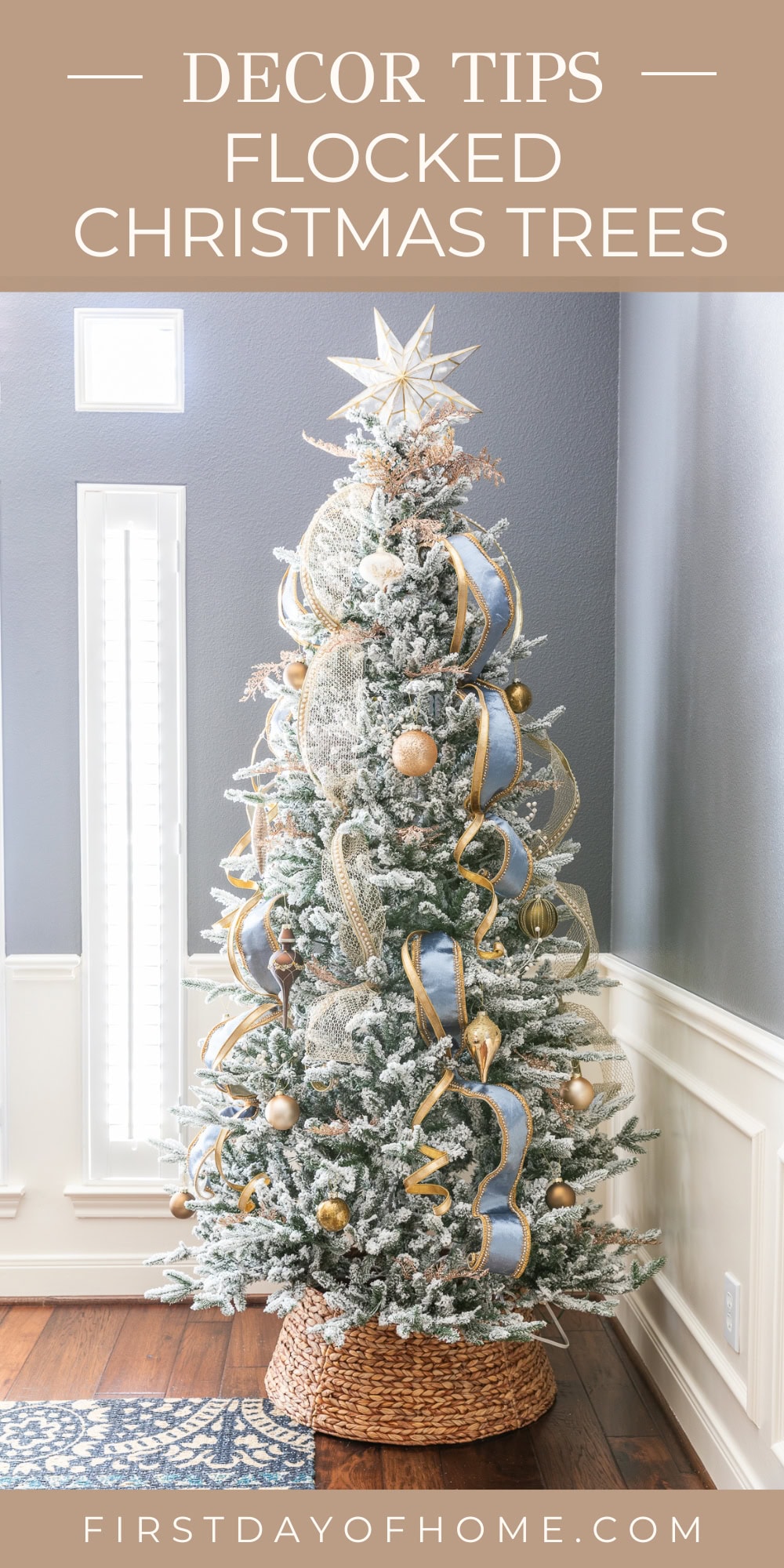 Elegant Flocked Christmas Tree with Blue and Gold Ribbons — White Christmas Tree Decor
