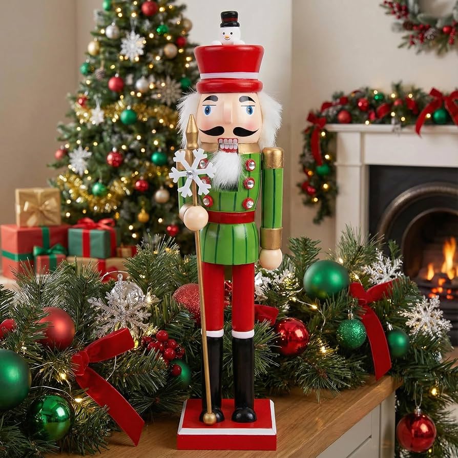 Nutcracker with Snowflake Staff on a Festive Mantel Nutcracker with Snowflake Staff on a Festive Mantel — Nutcracker Christmas Decor