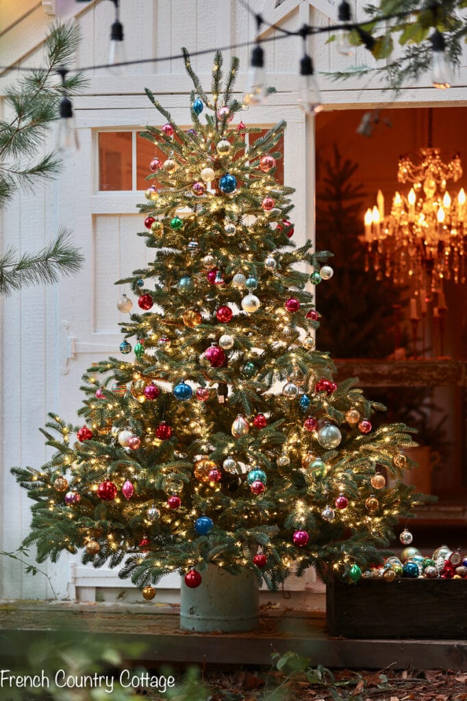 Outdoor Patio Christmas Tree with Colorful Ornaments — Small Christmas Tree Decor