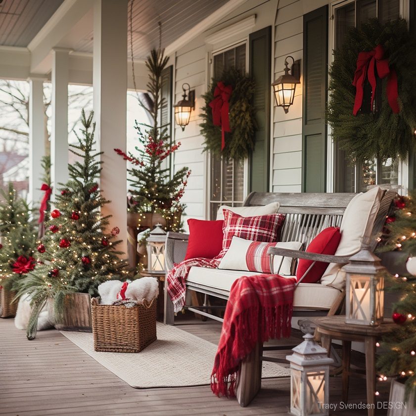 Festive Front Porch with Lighted Christmas Trees — Christmas Light Display Ideas