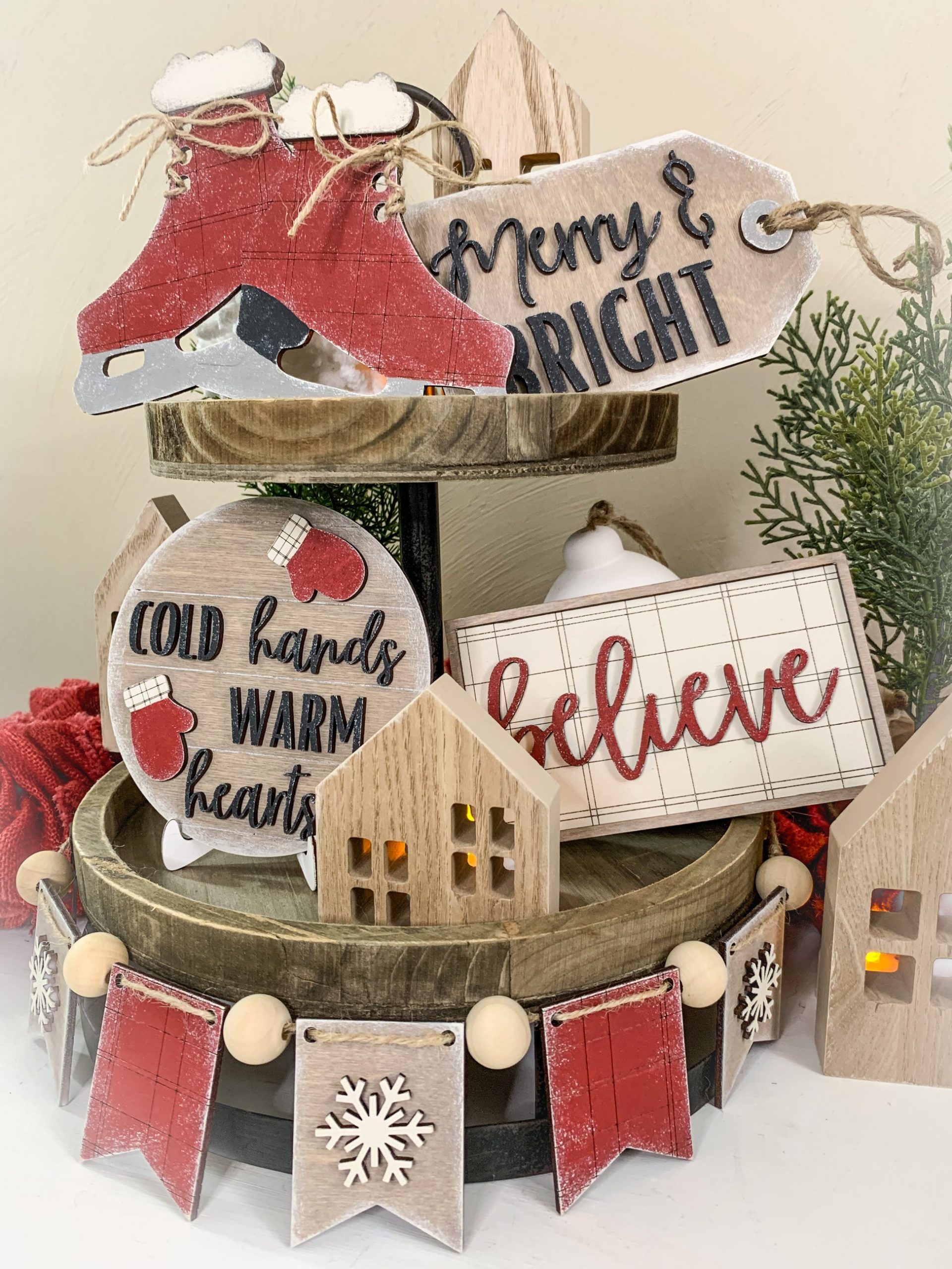 Modern Farmhouse Two-Tiered Tray with Plaid and Snowflakes Modern Farmhouse Two-Tiered Tray with Plaid and Snowflakes — Christmas Tiered Tray
