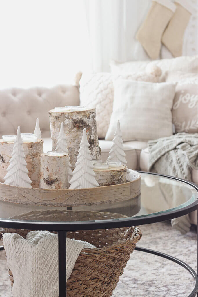 Scandi Coffee Table with Birch Logs and Candles Scandi Coffee Table with Birch Logs and Candles — Christmas Coffee Table Decor