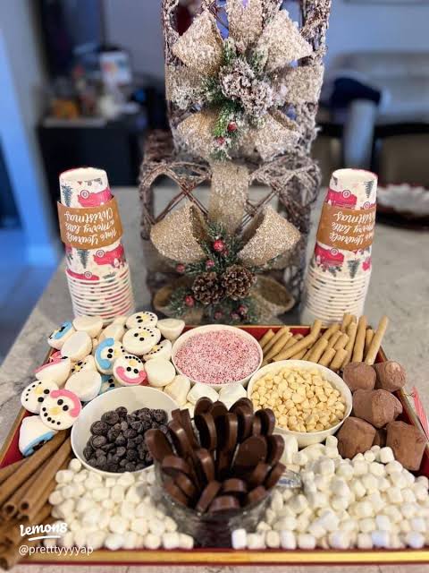 Festive Hot Cocoa Board with Assorted Chocolate Toppings — Christmas Hot Cocoa Bar