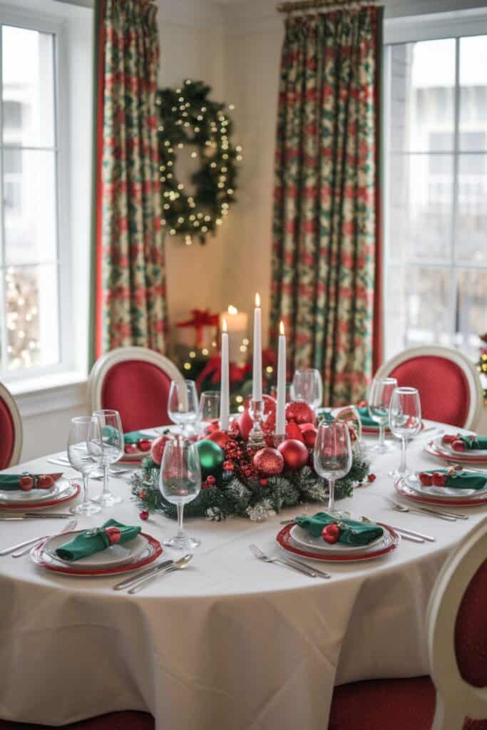 Formal Dining Room with Red and Green Centerpiece and Place Settings Formal Dining Room with Red and Green Centerpiece and Place Settings — Red and Green Christmas Decor