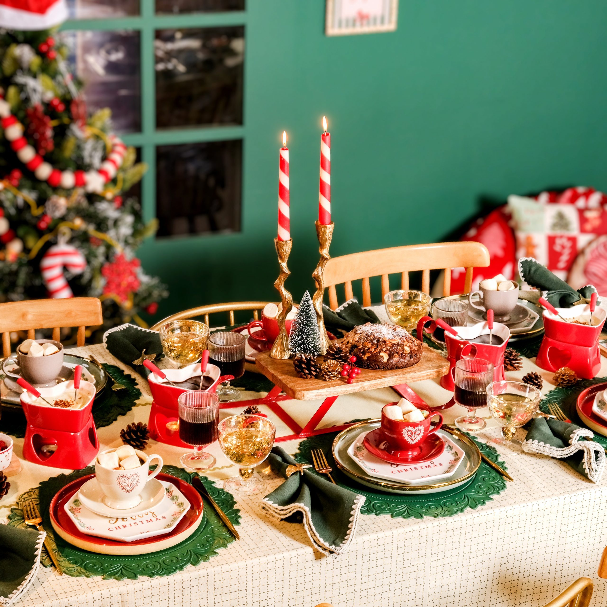 Festive Eclectic Dining with Red Fondue Sets and Ornate Holders — Christmas Dining Room Decor