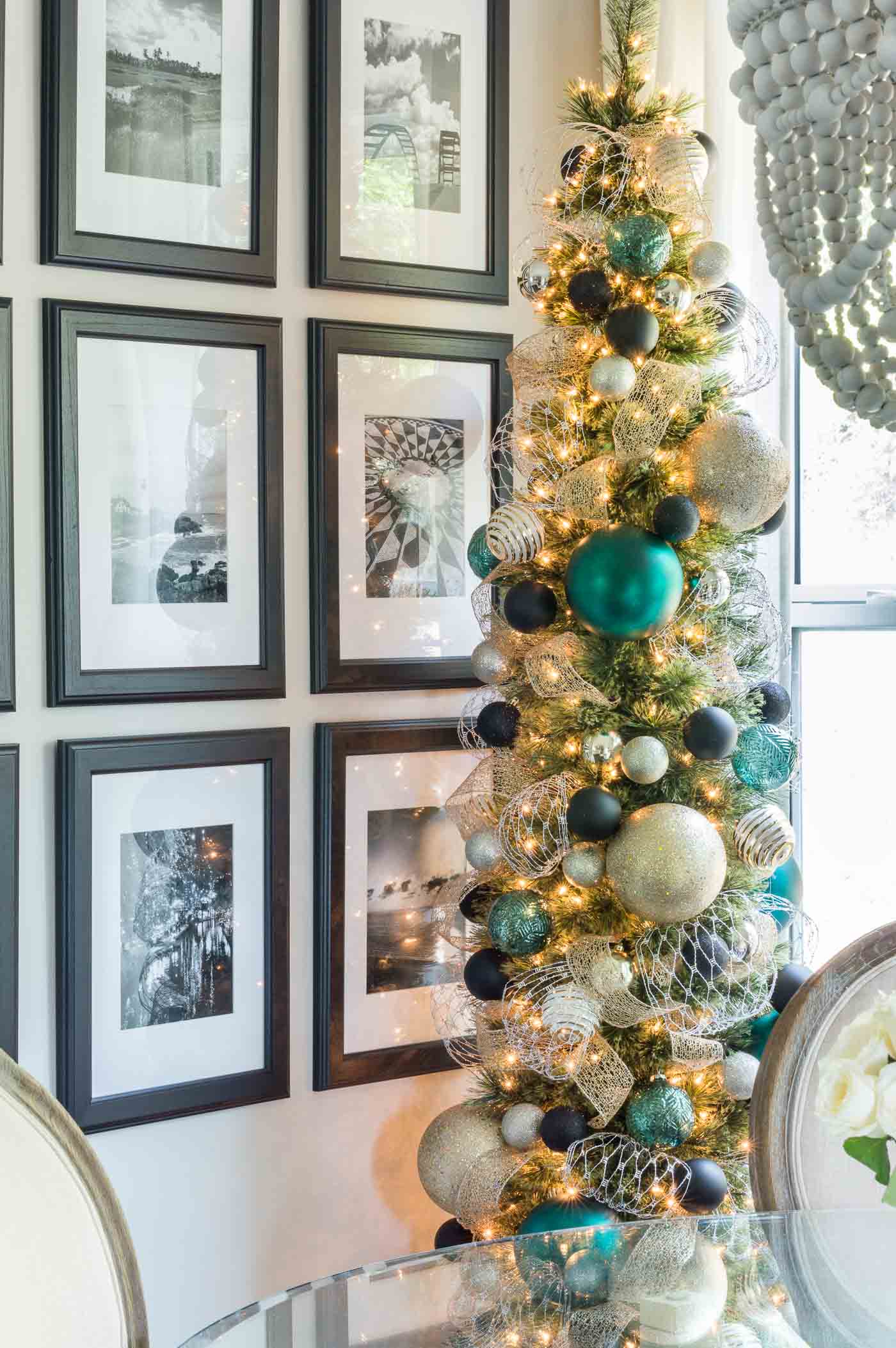Modern Teal, Black, Gold, and Silver Tree with Gallery Wall — Christmas Tree Color Schemes