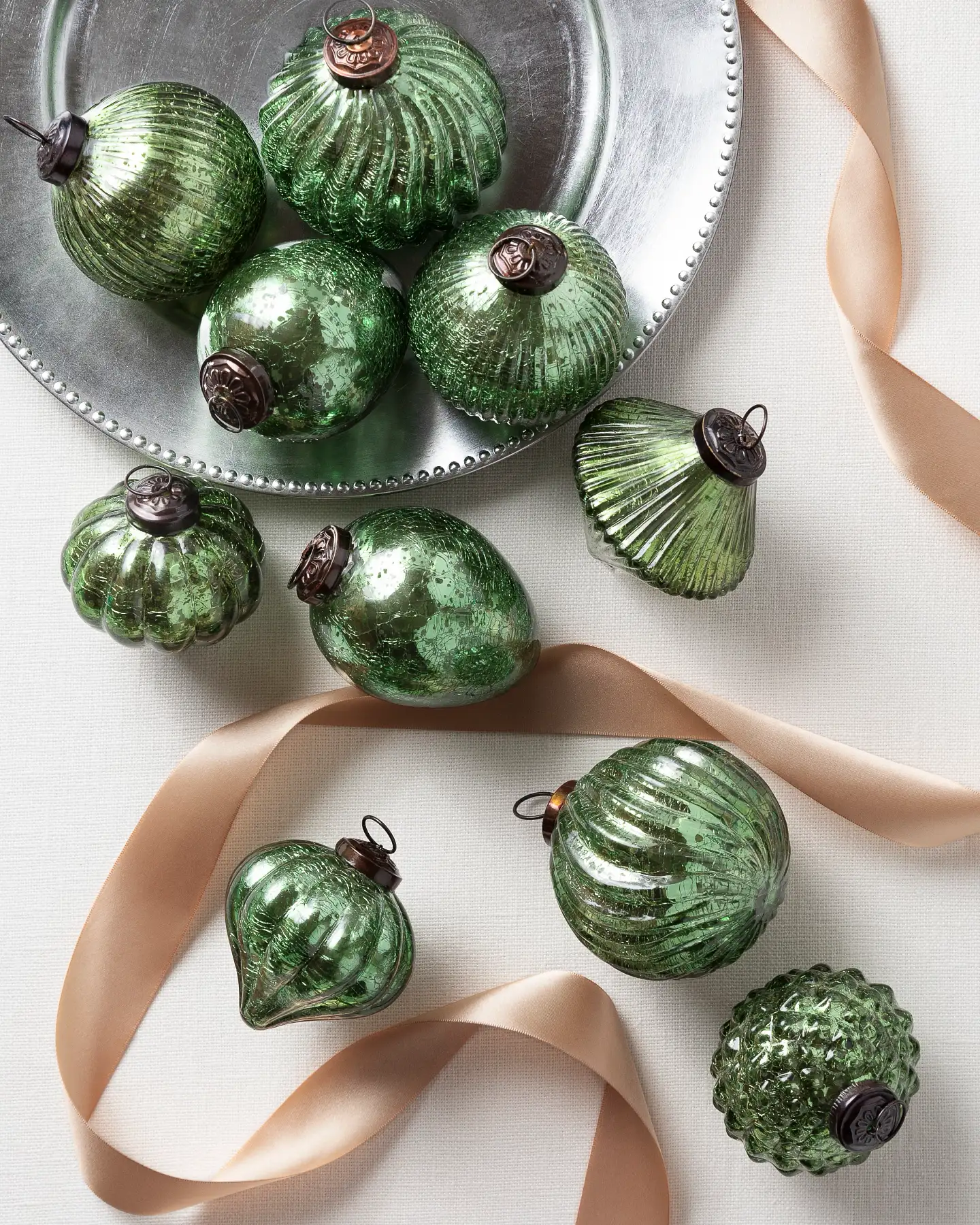 Sage Green Mercury Glass Ornaments Arrangement Sage Green Mercury Glass Ornaments Arrangement — Sage Green Christmas Decor