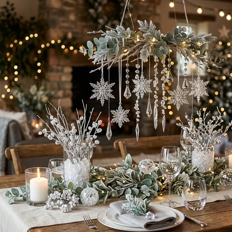 Sparkling Winter Wonderland Table Centerpiece with Snowflake Chandelier — Winter Wonderland Christmas Decor