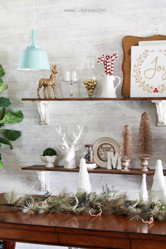 Neutral Shelves with Gold Deer and Bottle Brush Trees Neutral Shelves with Gold Deer and Bottle Brush Trees — Christmas Shelf Decor