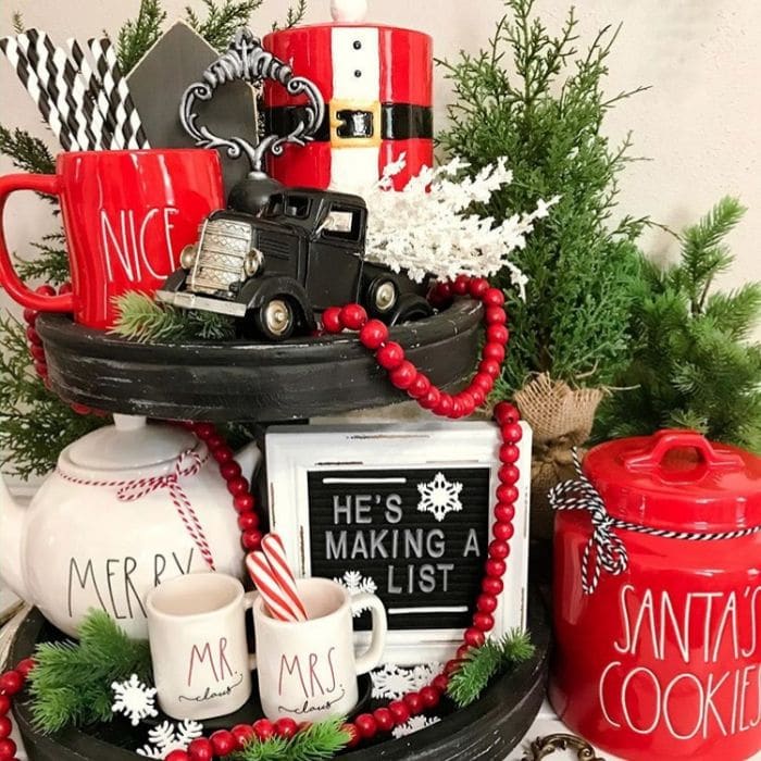 Farmhouse Tiered Tray with Santa Suit and Festive Mugs Farmhouse Tiered Tray with Santa Suit and Festive Mugs — Christmas Tiered Tray
