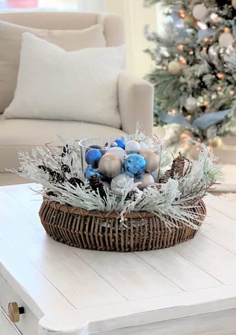 Wicker Basket Centerpiece with Blue and Silver Ornaments — Christmas Centerpiece