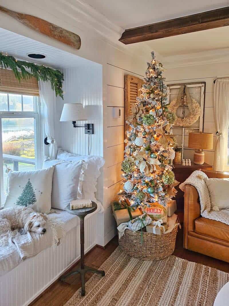 Flocked Christmas Tree and Cozy Seating in a Farmhouse Nook — Farmhouse Christmas Decor