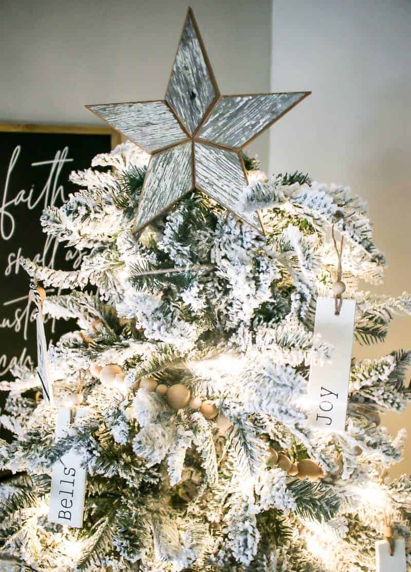 Flocked Tree with Handwritten 'Joy' Tags Flocked Tree with Handwritten 'Joy' Tags — Farmhouse Christmas Tree
