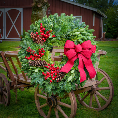 Farmhouse Wreath on a Vintage Wooden Cart — Christmas Wreath