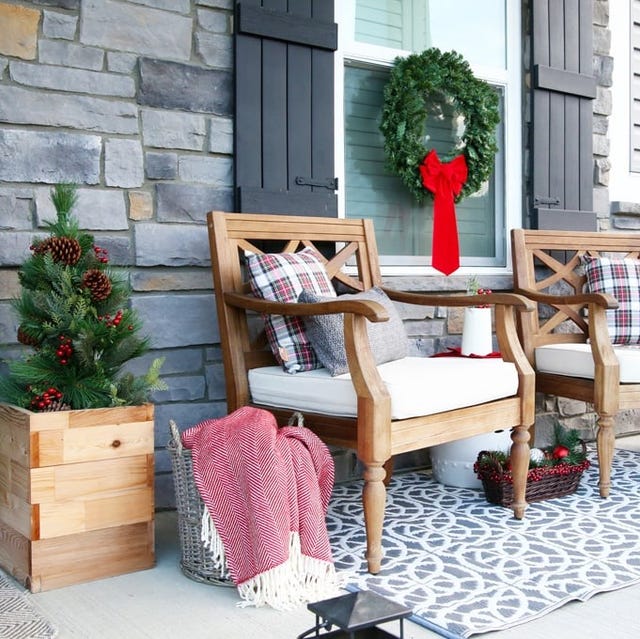 Inviting Seating Area with Wooden Armchairs and Plaid Cushions — Farmhouse Christmas Porch